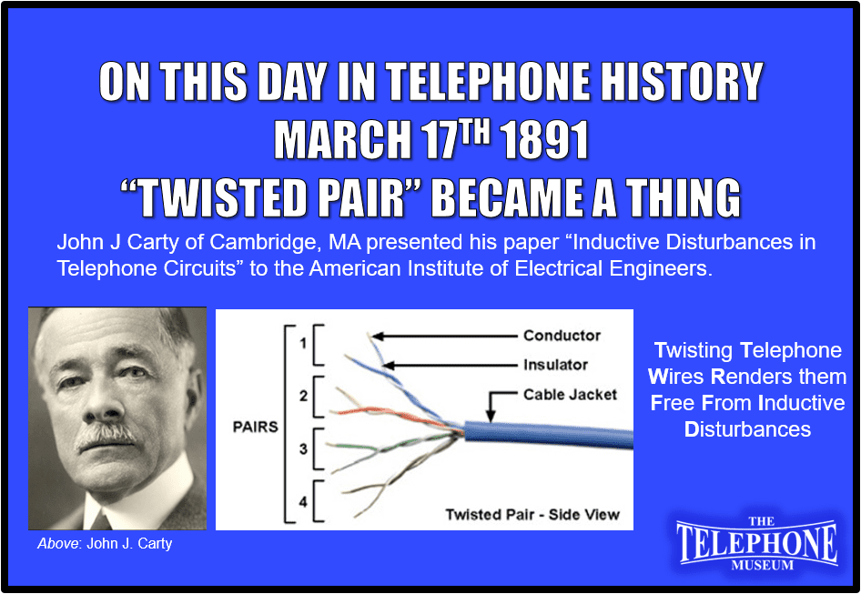 On This Day in Telephone History March 17TH 1891 “Twisted Pair” became a thing. John J Carty of Cambridge, MA presented his paper “Inductive Disturbances in Telephone Circuits” to the American Institute of Electrical Engineers. Twisting telephone wires renders them free from inductive disturbances.