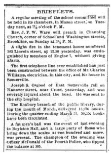 April 1877 Brieflet on First Phone Line Boston Evening Transcript"