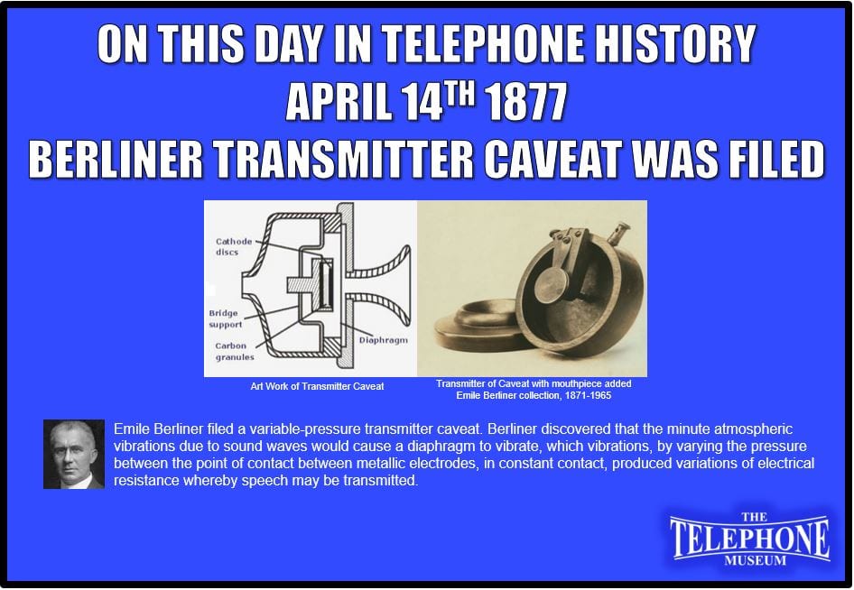 On This Day in Telephone History April 14TH 1877 Emile Berliner filed a variable-pressure transmitter caveat. Berliner discovered that the minute atmospheric vibrations due to sound waves would cause a diaphragm to vibrate, which vibrations, by varying the pressure between the point of contact between metallic electrodes, in constant contact, produced variations of electrical resistance whereby speech may be transmitted.