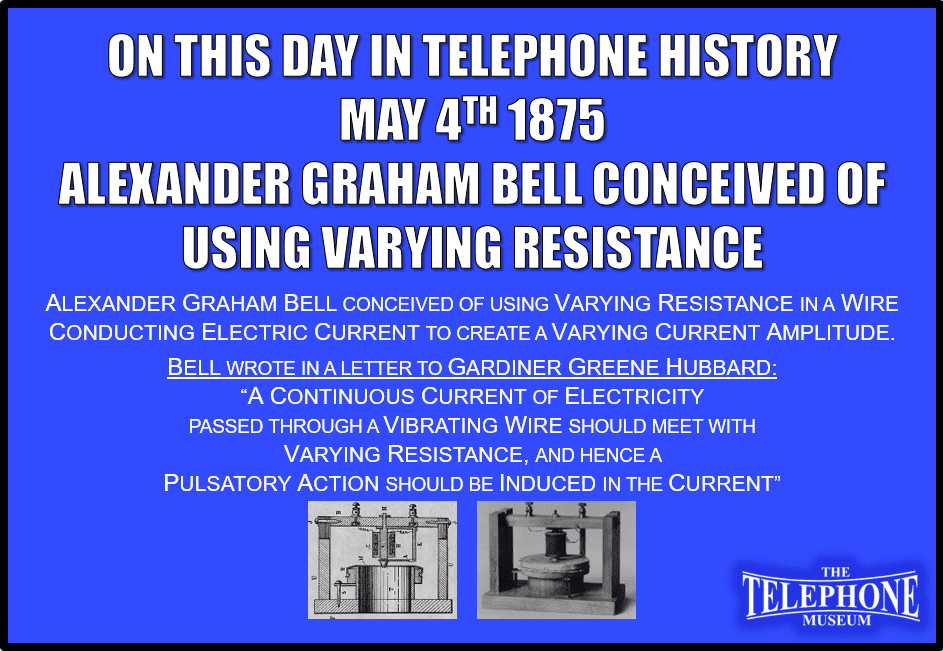 On This Day in Telephone History May 4TH 1875 Alexander Graham Bell Conceived of using Varying Resistance. Alexander Graham Bell conceived of using varying resistance in a wire conducting electric current to create a varying current amplitude. Bell wrote in a letter to Gardiner Greene Hubbard: “a continuous current of electricity passed through a vibrating wire should meet with varying resistance, and hence a pulsatory action should be induced in the current”