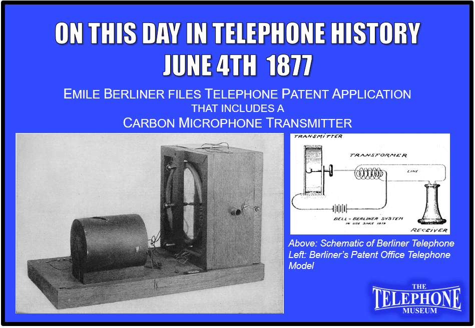 On This Day in Telephone History June 4TH 1877 Emile Berliner files telephone patent application that includes a carbon microphone transmitter